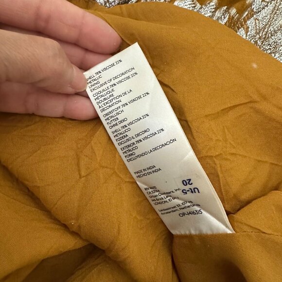 Anthropologie Maeve Flowy Mini Dress Tie Neck Long Cuffed Sleeve Gold Metallic L - Picture 14 of 16